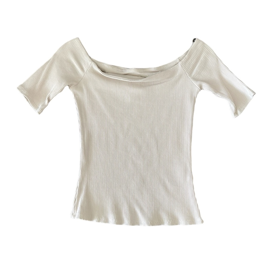 H&M Ivory Cream Beige Off The Shoulder Ribbed Elbow Sleeve Top Shirt Top S